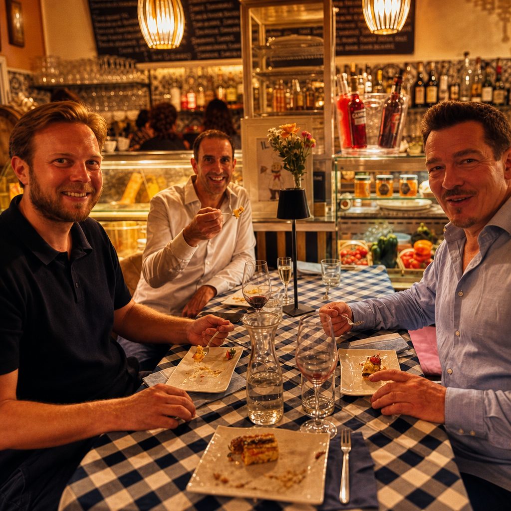 Guests at the table in front of the salumeria counter