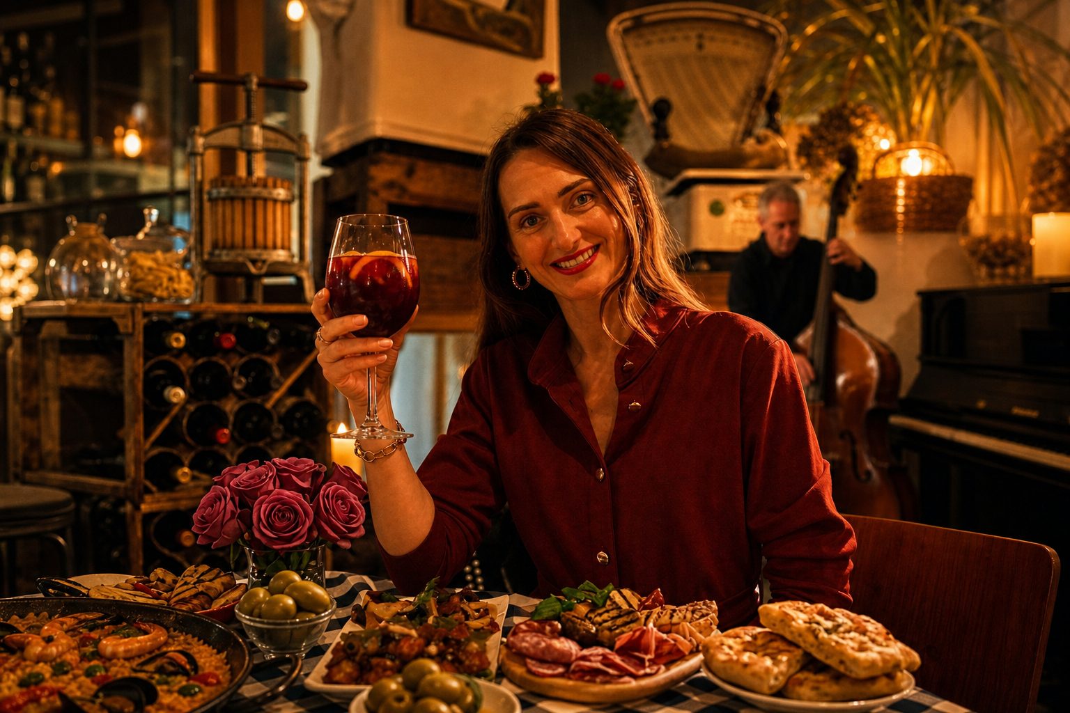 A guest with sangria, antipasti and paella at Modi