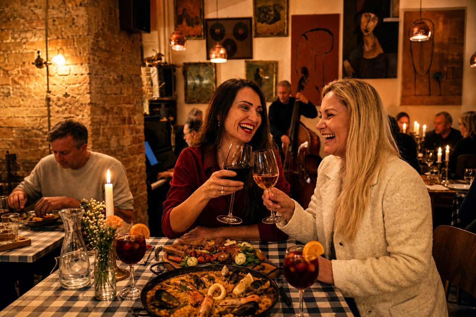 Friends toasting over paella and sangria at Modi Berlin
